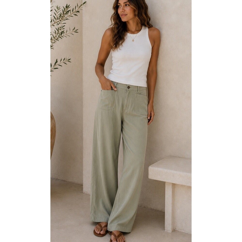 White Stag Wide Leg 100% Tencel Pants Womens Medium Beige Minimal Coastal Casual